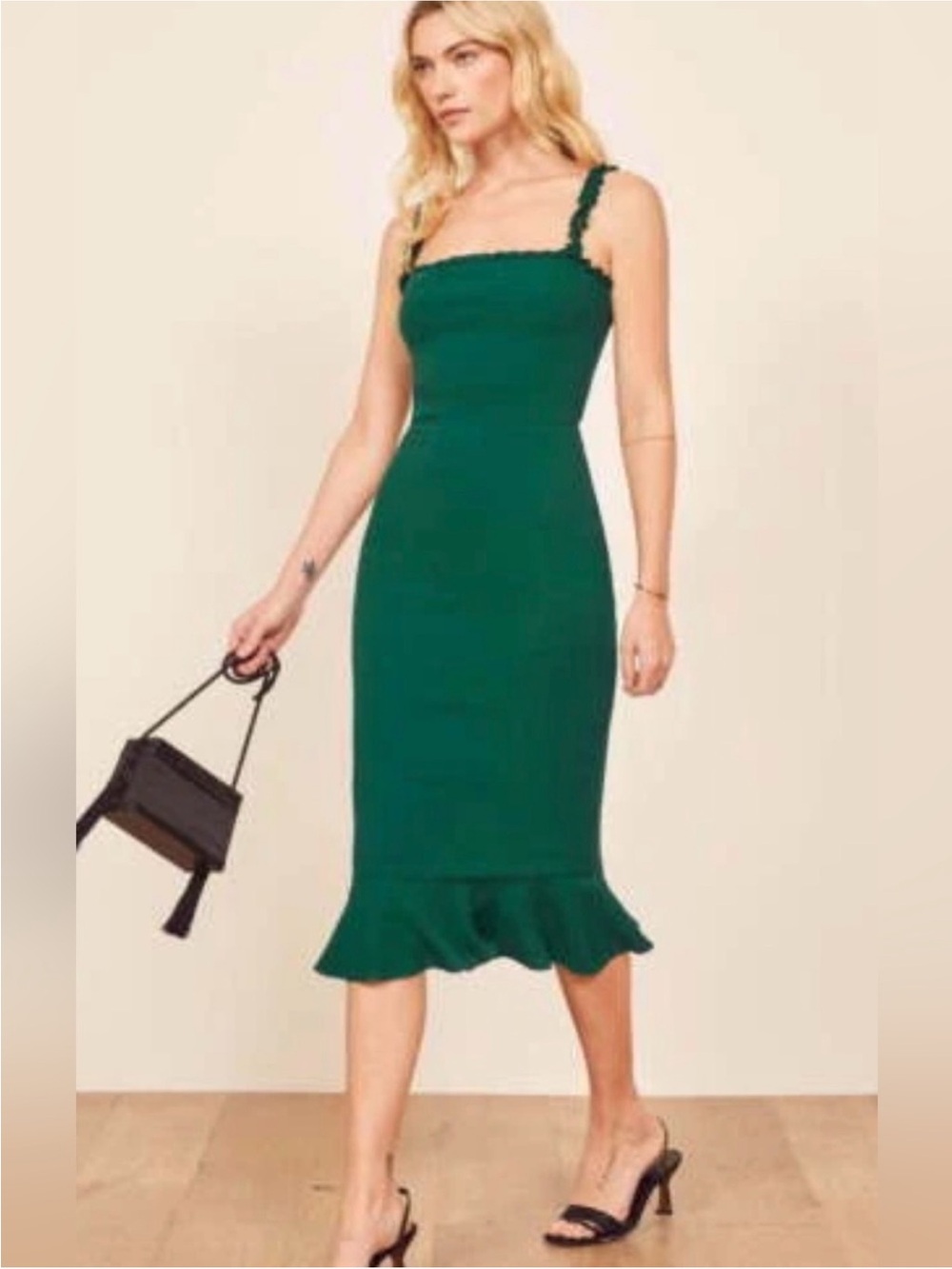 Reformation Wilshire Ruffle Midi Dress Emerald Green size 0